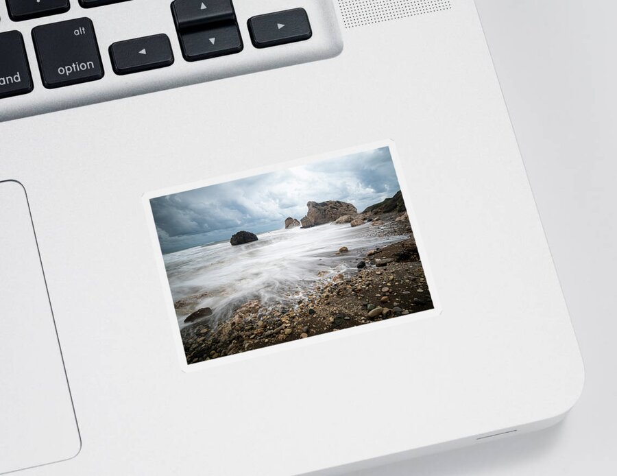 Sea Waves Sticker featuring the photograph Seascape with windy waves during stormy weather on a rocky coast by Michalakis Ppalis