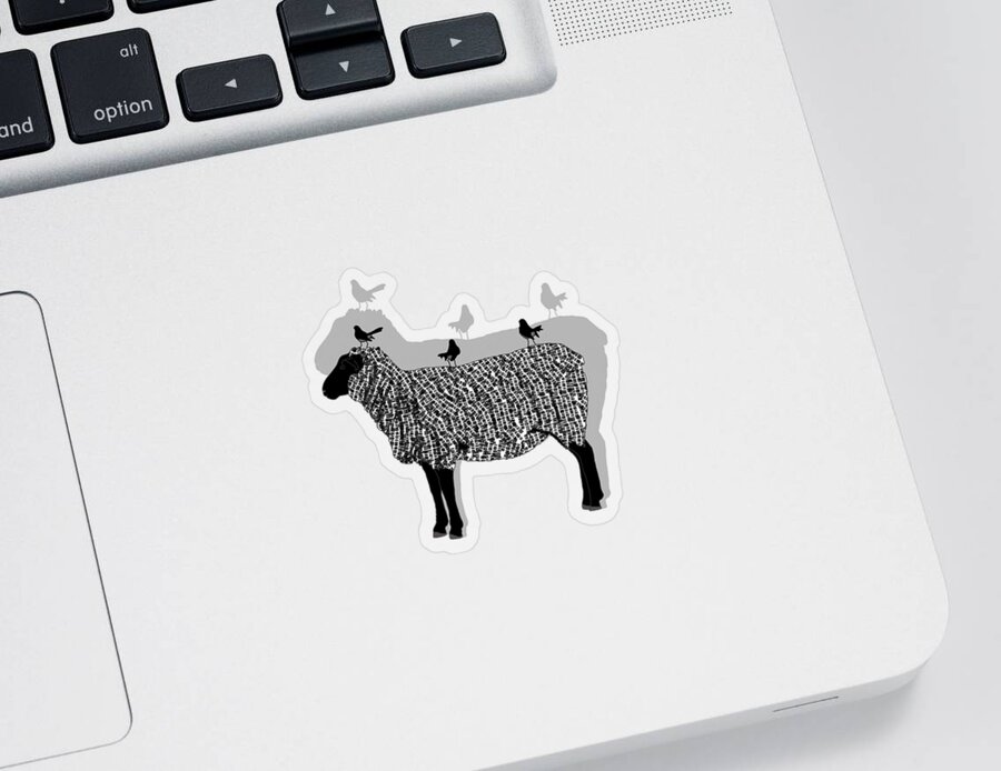 Black Faced Sheep Sticker featuring the drawing Sheep And Three Willie Wagtails Black And White Pattern by Joan Stratton