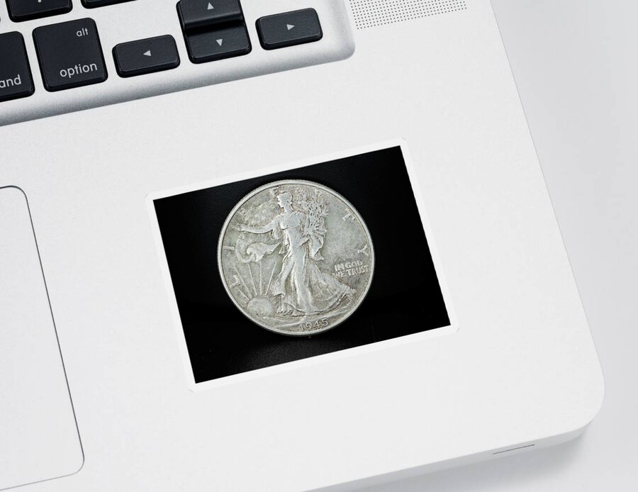 Silver Coin Sticker featuring the photograph Silver Coins 1945 Walking Liberty Half Dollar Face by Amelia Pearn