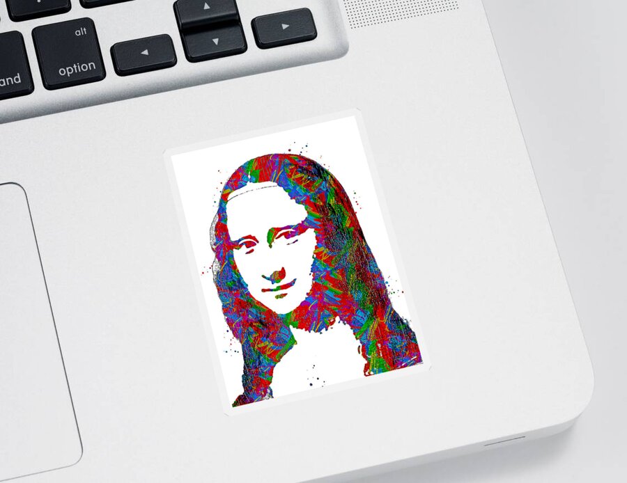 Mona Lisa Sticker featuring the digital art Simple Mona Lisa colorful portrait with greens, reds and blues on white background by Nicko Prints
