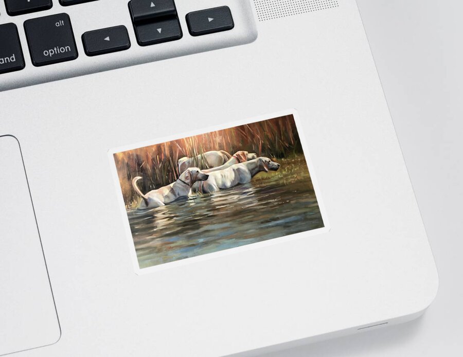 Hounds Dogs Painting Portrait Foxhounds Water Contemporary Sticker featuring the painting Skinny Dipping by Susan Bradbury