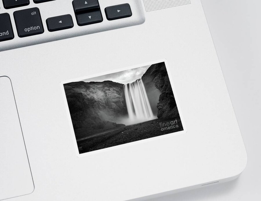 Iceland Sticker featuring the photograph Skogafoss waterfall in Iceland, black and white by Delphimages Photo Creations