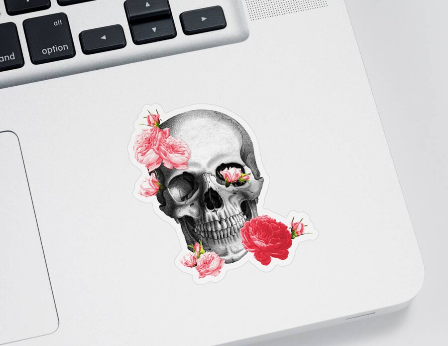 Skull Sticker featuring the digital art Skull with pink roses framed art print by Madame Memento