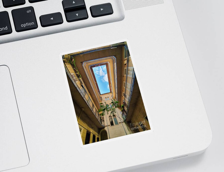 Building Sticker featuring the photograph Sky view from the inner courtyard in Budapest by Mendelex Photography