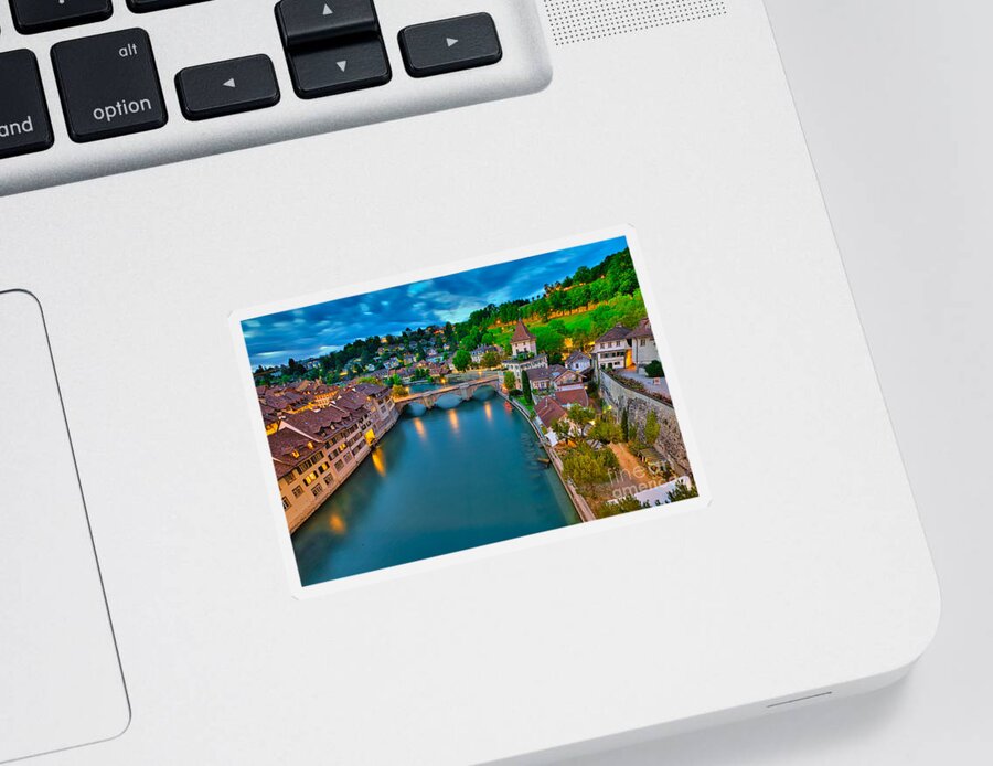 Berne Sticker featuring the photograph Skyline of Bern at evening by Benny Marty
