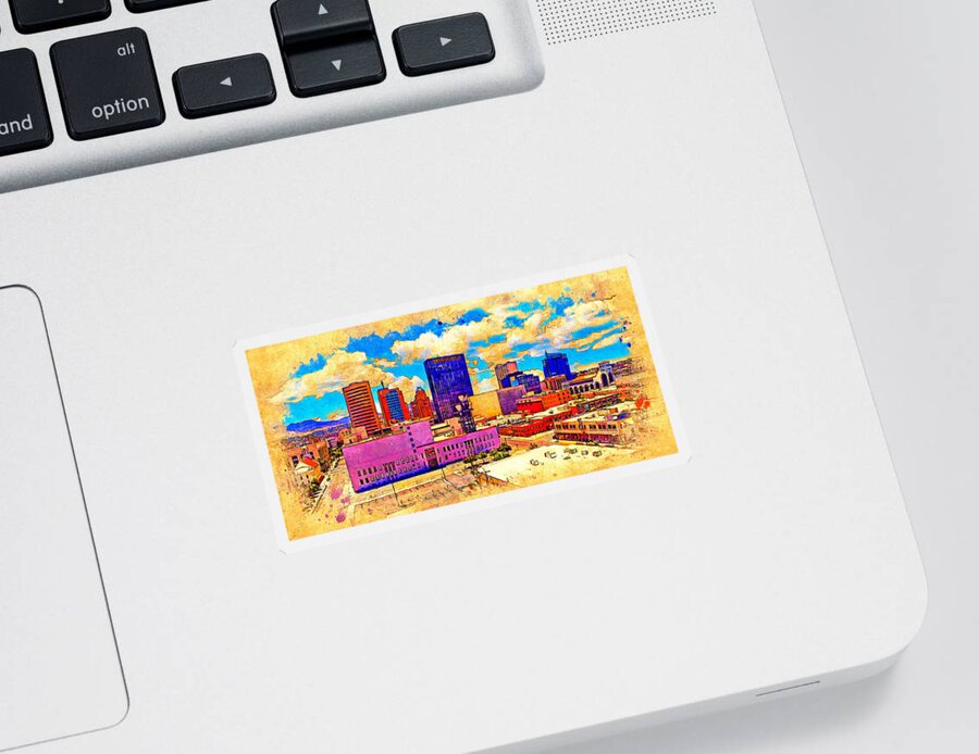 El Paso Sticker featuring the digital art Skyline of Downtown El Paso, Texas, digital painting with vintage look by Nicko Prints