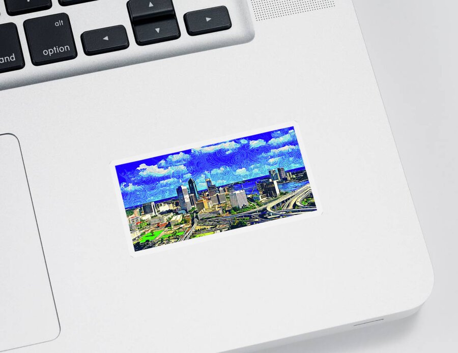 Downtown Jacksonville Sticker featuring the digital art Skyline of downtown Jacksonville, Florida - impressionist painting by Nicko Prints