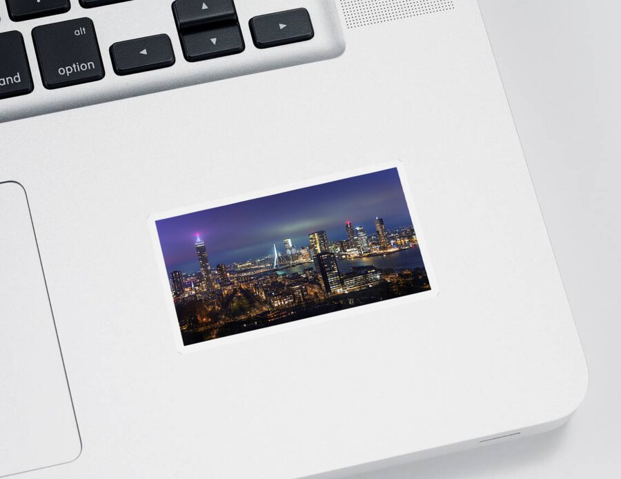 Blue Hour Sticker featuring the photograph Skyline Rotterdam when the night falls. by Patrick van Os