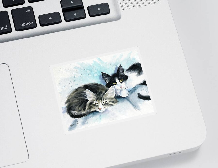 Cat Paintings Sticker featuring the painting Sleepyheads Cat Painting by Dora Hathazi Mendes