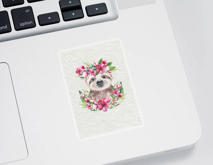 Sloth With Flowers Sticker featuring the painting Sloth With Flowers by Nursery Art