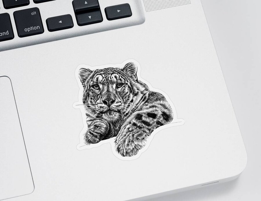 Leopard Sticker featuring the drawing Snow leoapard cat illustration by Loren Dowding