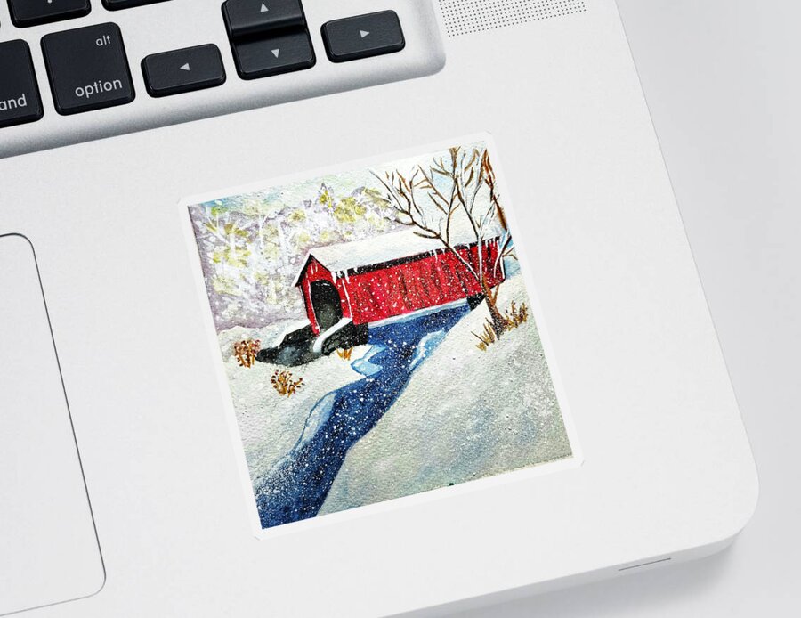 Snowy Sticker featuring the painting Snowy Covered Bridge by Shady Lane Studios-Karen Howard