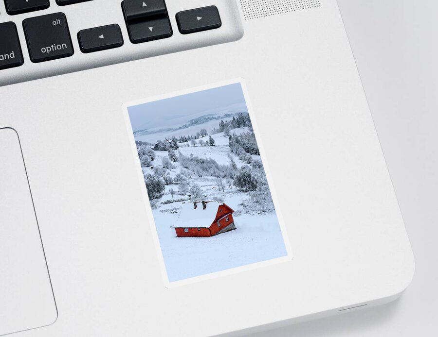 Landscape Sticker featuring the photograph Snowy landscape with little red House by Jaroslaw Blaminsky