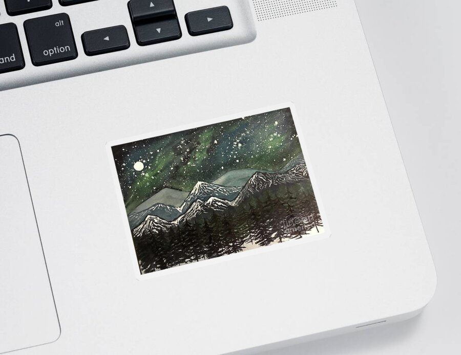 Snowy Mountains Sticker featuring the painting Snowy Mountains with Aurora by Lisa Neuman