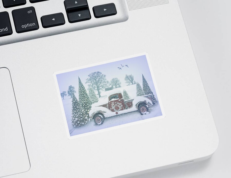 Christmas Sticker featuring the photograph Snowy Pale Red Truck by Debra and Dave Vanderlaan
