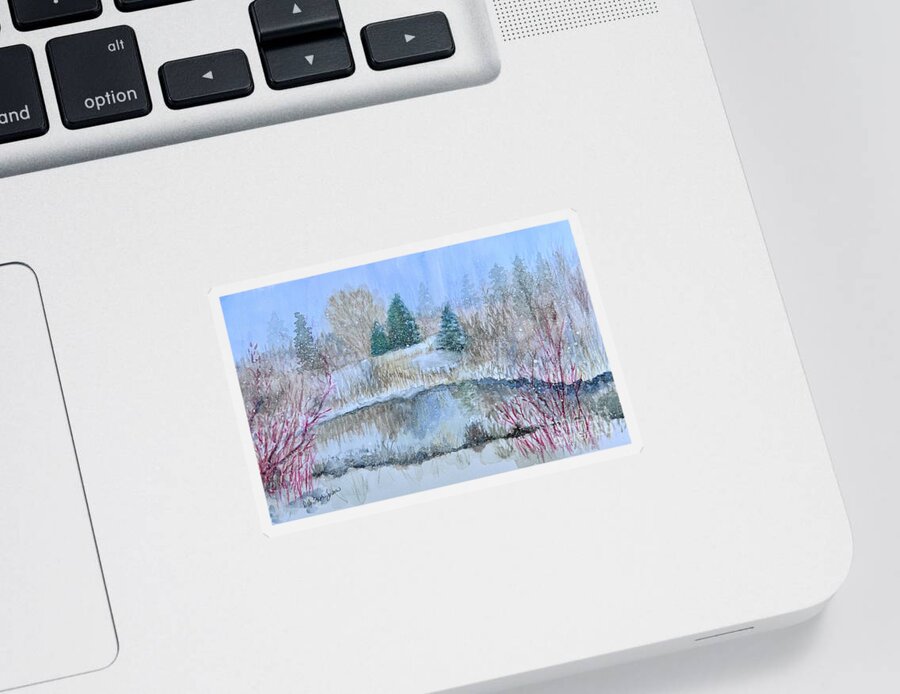 Snowing Sticker featuring the painting Snowy Pond by Deb Stroh-Larson