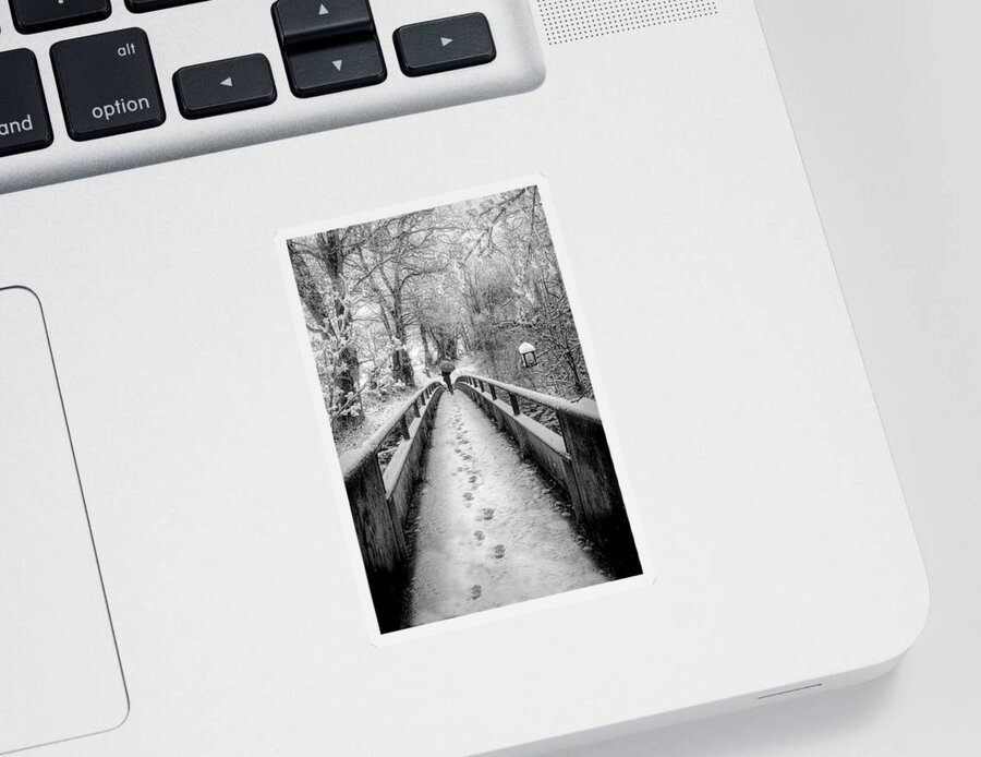 Bridge Sticker featuring the photograph Snowy Walk in Black and White by Debra and Dave Vanderlaan