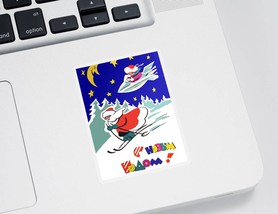 Soviet Sticker featuring the digital art Soviet Santa on Ski Race by Long Shot