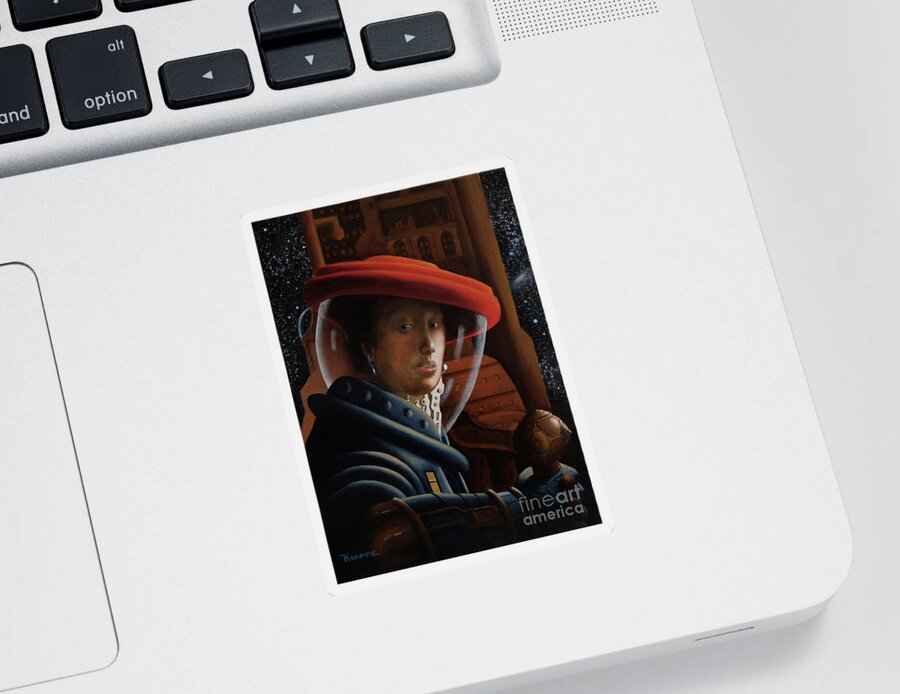Astronaut Sticker featuring the painting Spacegirl with Red Helmet - after Vermeer by Ken Kvamme