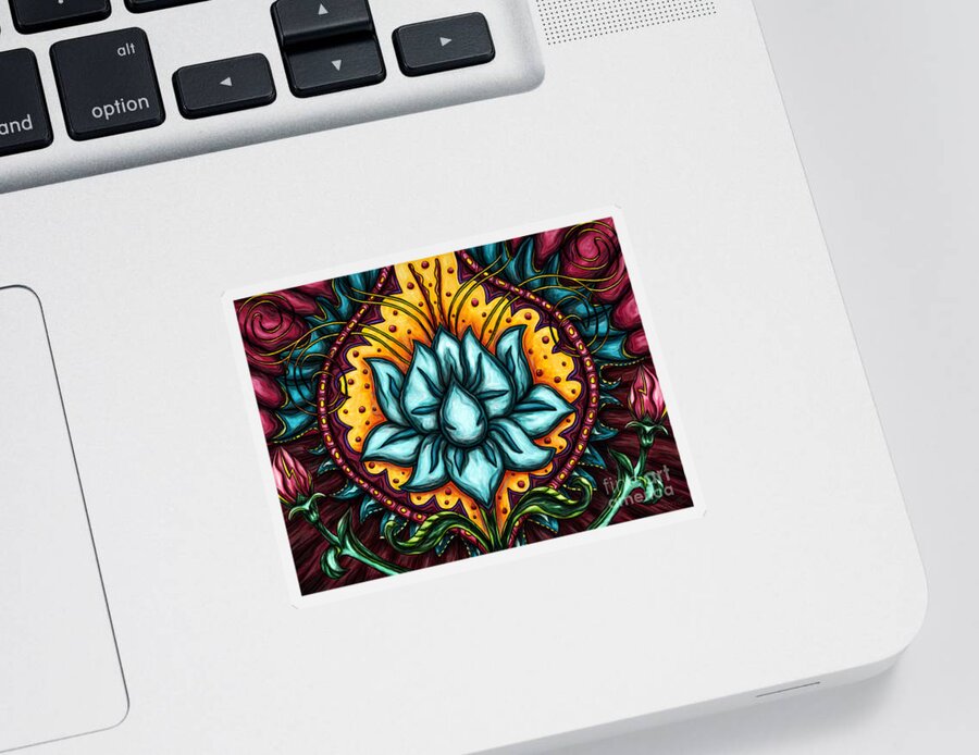 Lotus Sticker featuring the painting Spiritual lotus painting, blue lily flower by Nadia CHEVREL