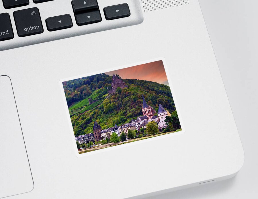 Stahleck Castle Sticker featuring the digital art Stahleck Castle Above Bacharach at Sunset, Dry Brush on Sandstone by Ron Long Ltd Photography