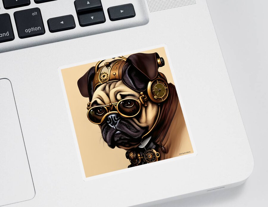 Newby Sticker featuring the digital art Steampunk Pug by Cindy's Creative Corner