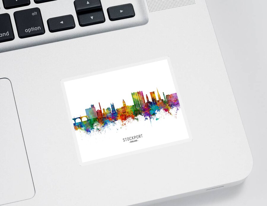 Stockport Sticker featuring the digital art Stockport England Skyline #90 by Michael Tompsett