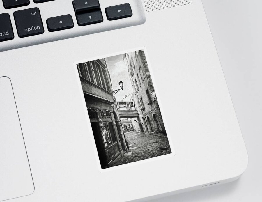 Lyon Sticker featuring the photograph Street Scenes of Vieux Lyon France Black and White by Carol Japp