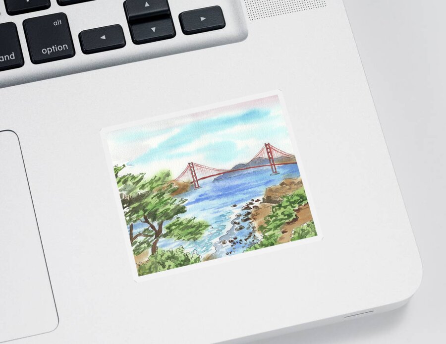 Golden Gate Sticker featuring the painting Sunny Day In San Francisco Bay Golden Gate Bridge Watercolor by Irina Sztukowski