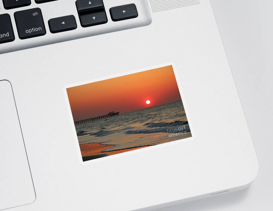 Seaview Sticker featuring the photograph Sunrise at Seaview Pier North Topsail Island 1280 by Jack Schultz