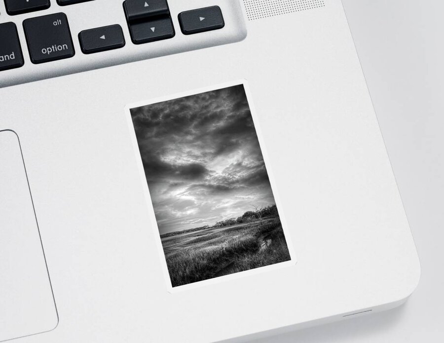 Clouds Sticker featuring the photograph Sunrise Clouds over the Marsh Black and White by Debra and Dave Vanderlaan
