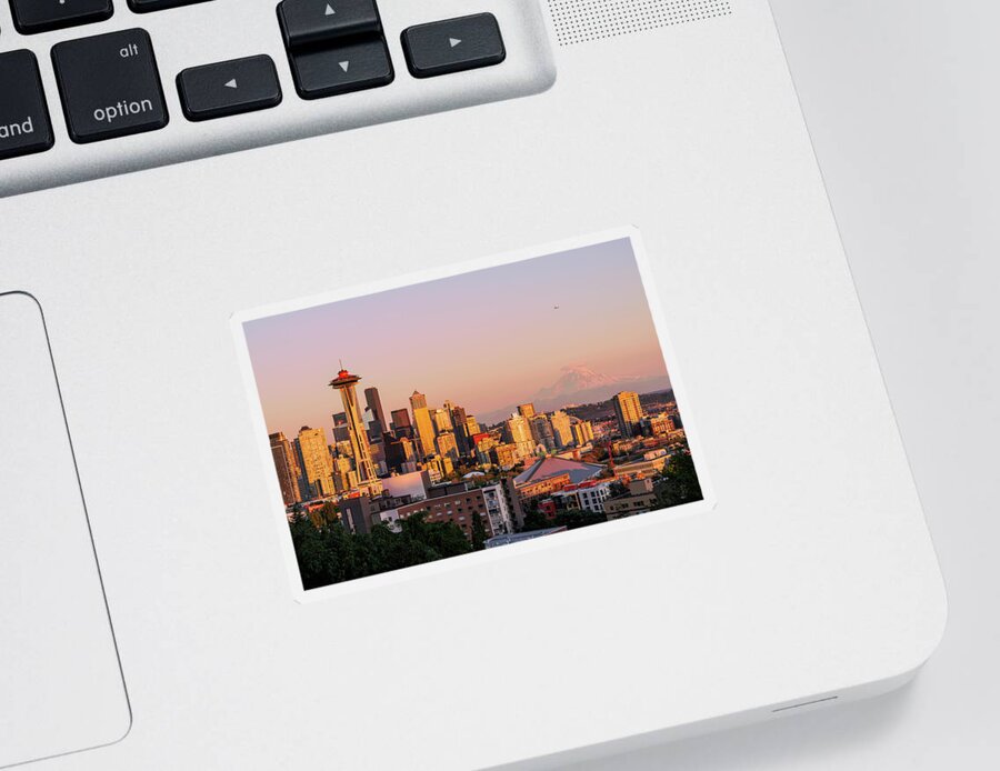 Outdoor; Sunset; Seattle; Downtown; Space Needle; Mt Rainier; Lenticular Cloud; Colors; Summer; Washington Beauty Sticker featuring the digital art Sunrise Seattle From Kerry Park by Michael Lee