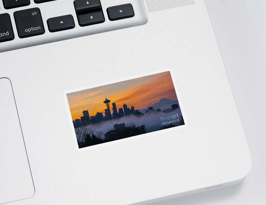 Seattle Sticker featuring the photograph Sunrise Seattle Skyline Above the Fog by Mike Reid