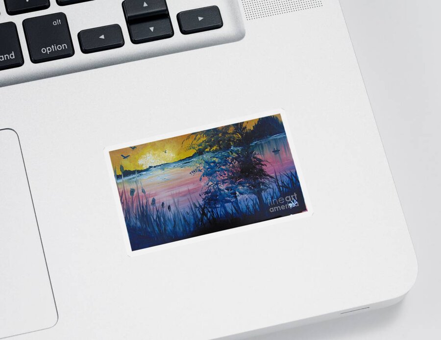 Lake Sticker featuring the painting Sunset on the Lake by Saundra Johnson