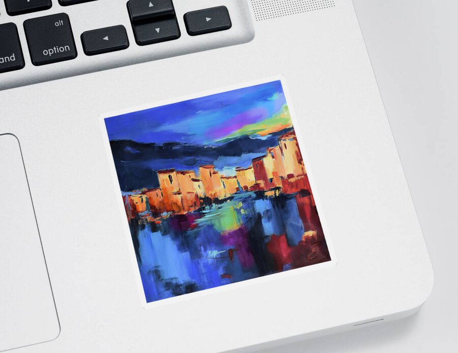 Cinque Terre Sticker featuring the painting Sunset Over the Village by Elise Palmigiani