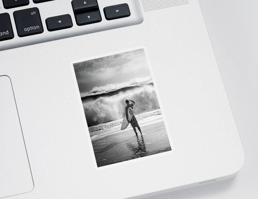 Surfer Sticker featuring the photograph Surfer Black and White by Laura Fasulo