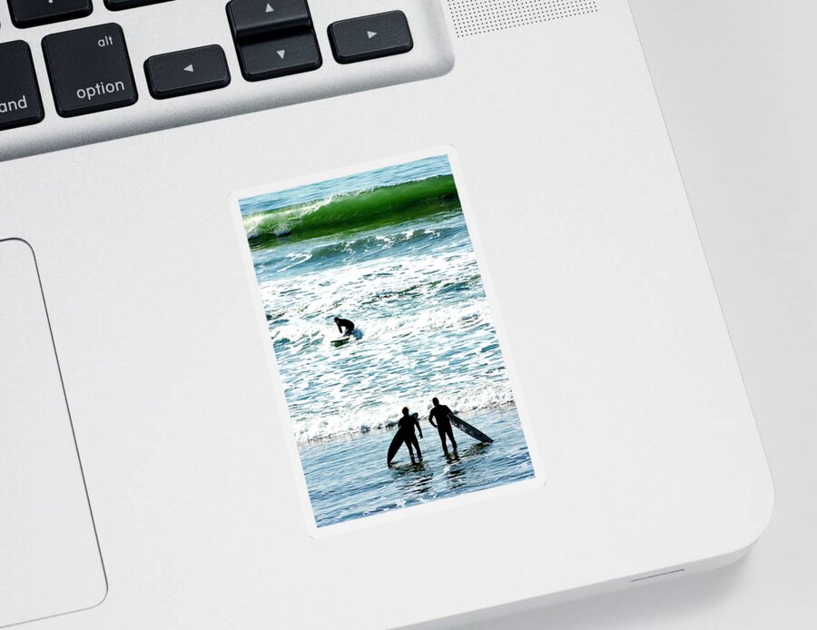 Beach Sticker featuring the photograph Surfers Checking Out The Waves by Her Arts Desire