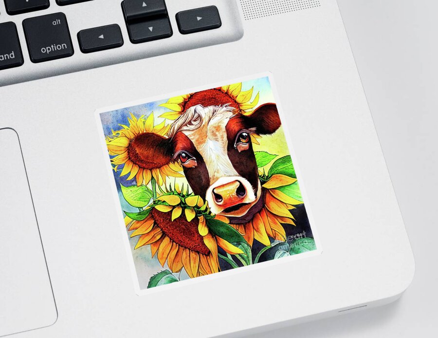 Brown Cow Sticker featuring the painting Surrounded By Sunflowers by Tina LeCour