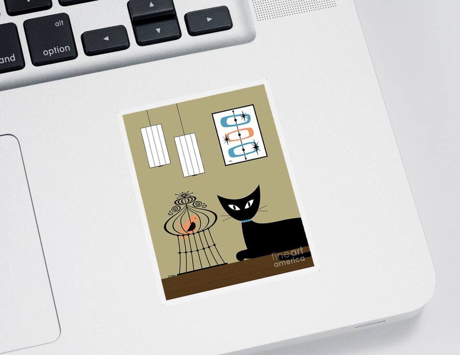 Mid Century Modern Sticker featuring the digital art Tabletop Cat with Bird Cage by Donna Mibus