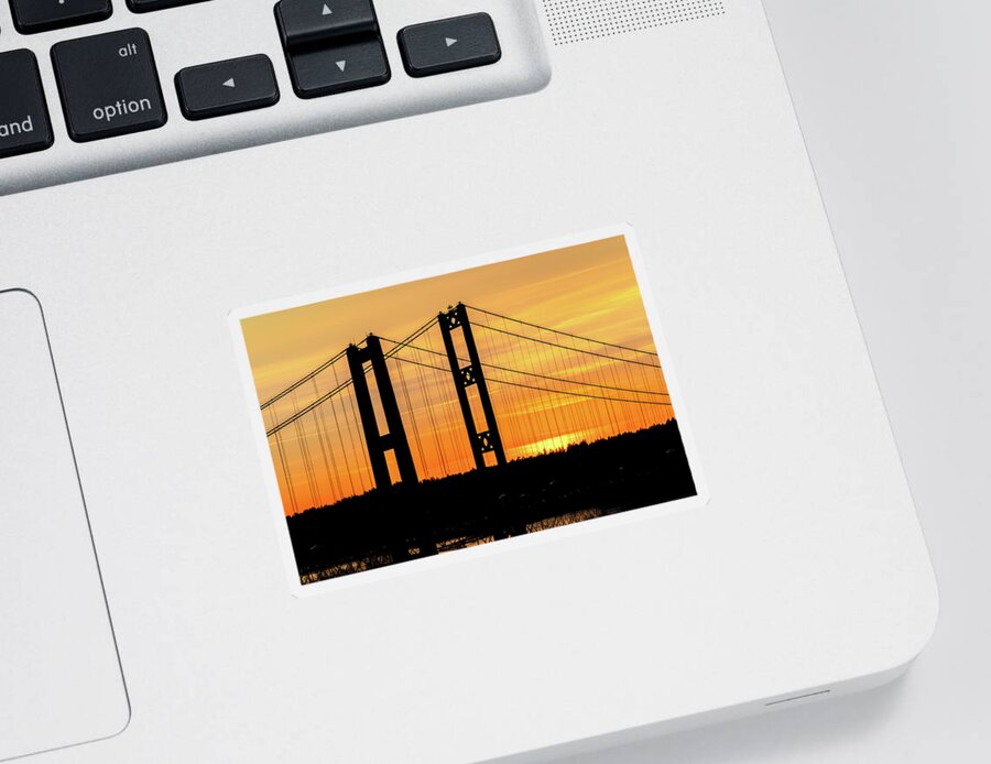 Tacoma Sticker featuring the photograph Tacoma Narrows Bridges Fiery Sunset by Rob Green