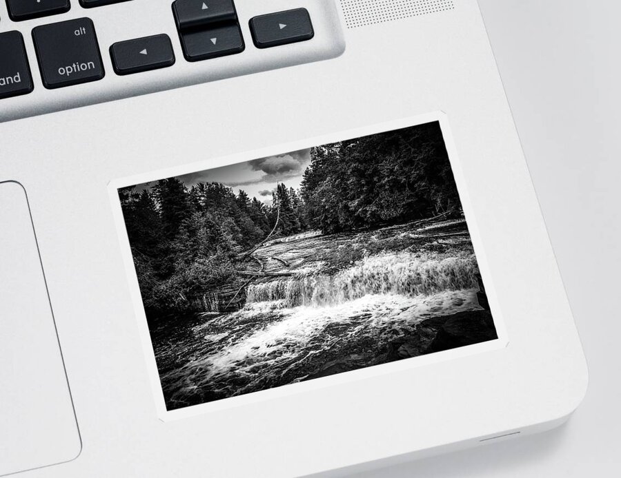 Tahquamenon Falls State Park Sticker featuring the photograph Tahquamenon Lower Falls in Black and White by Deb Beausoleil
