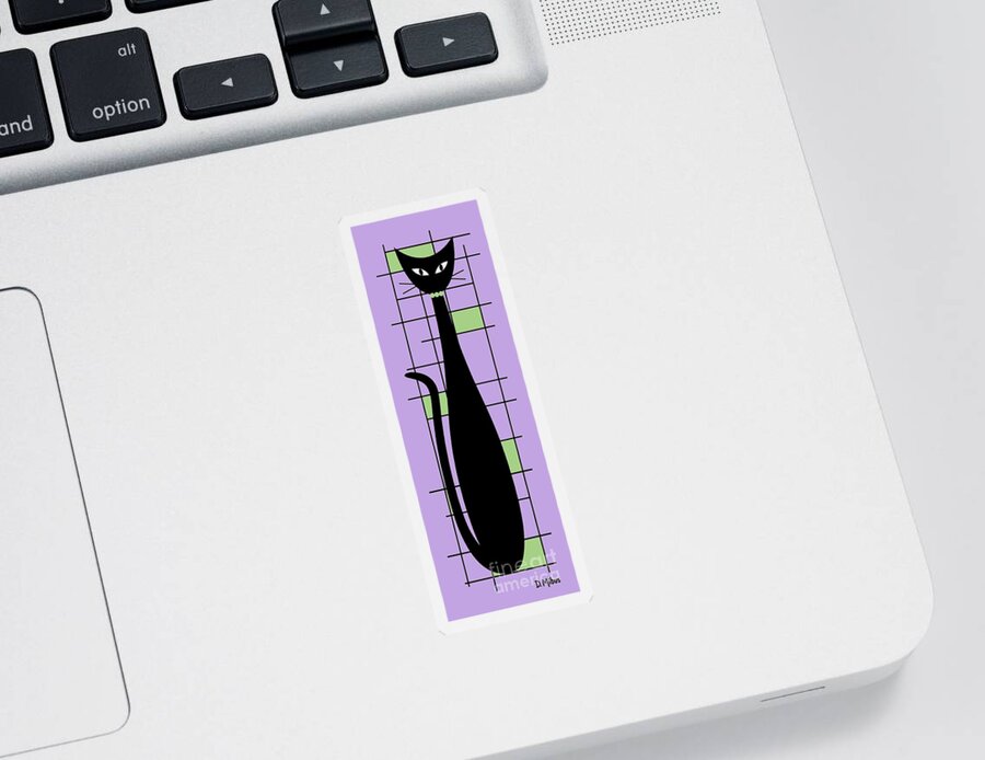 Mid Century Modern Cat Sticker featuring the digital art Tall Mondrian Cat on Purple by Donna Mibus