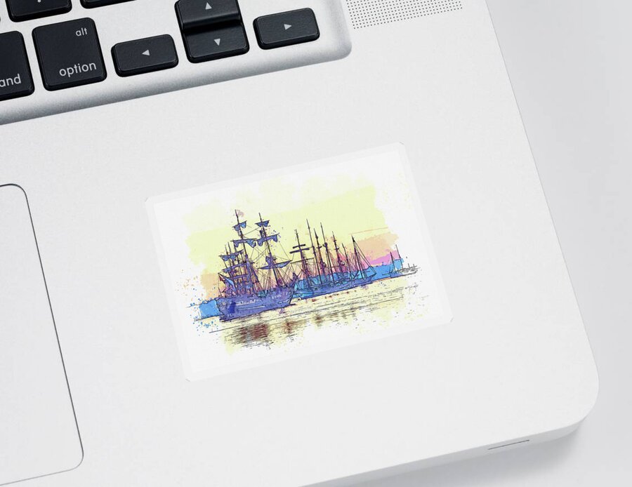 Sea Sticker featuring the painting Tall Sail ship 3, ca 2021 by Ahmet Asar, Asar Studios by Celestial Images