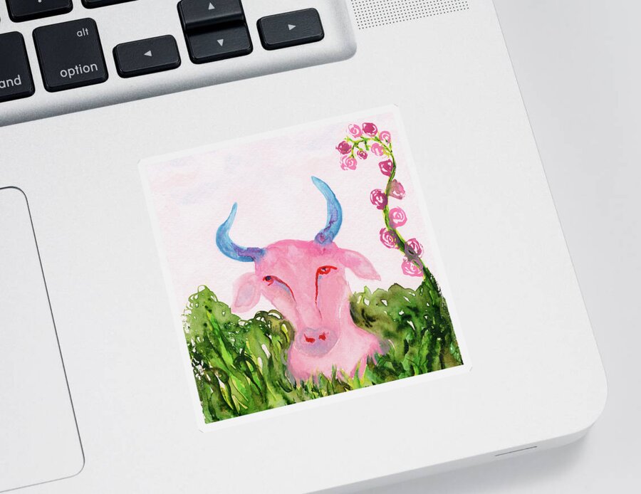 Pink Blue Taurus Bull Sticker featuring the painting Taurus Zodiac Sign Bull Symbol by Anne Nordhaus-Bike