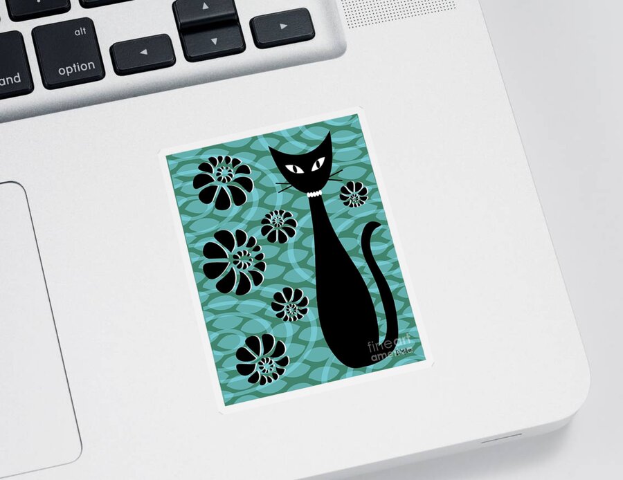 Abstract Cat Sticker featuring the digital art Teal Mod Cat 2 by Donna Mibus