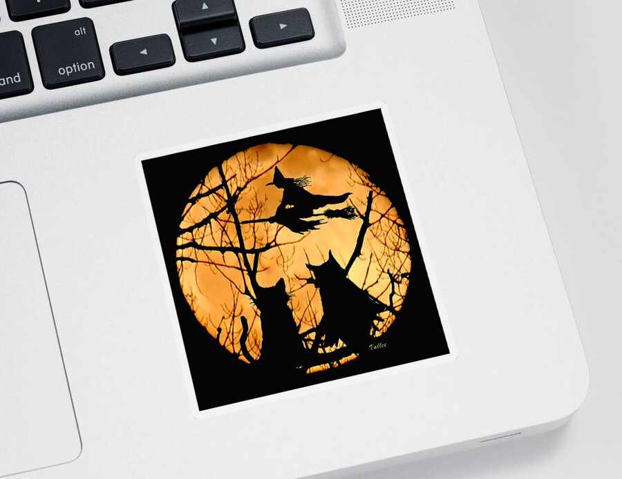 Seasonal Sticker featuring the digital art Cat..Owl..Witch..Moon by Vallee Johnson
