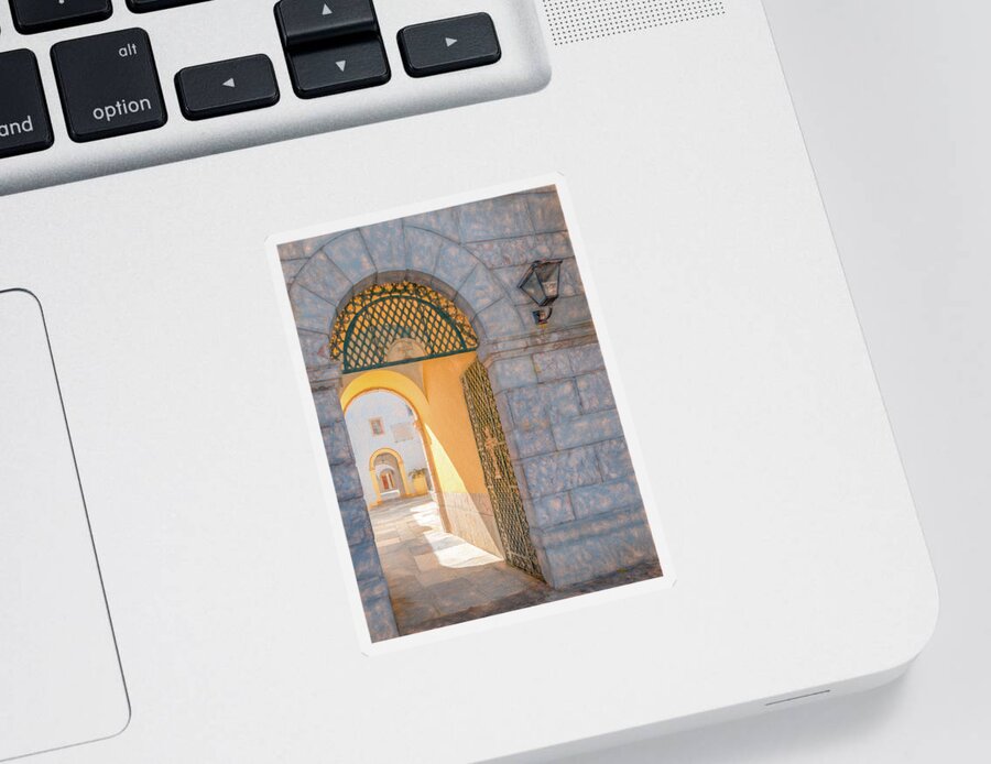 Greece Sticker featuring the photograph The Courtyard by Marcy Wielfaert