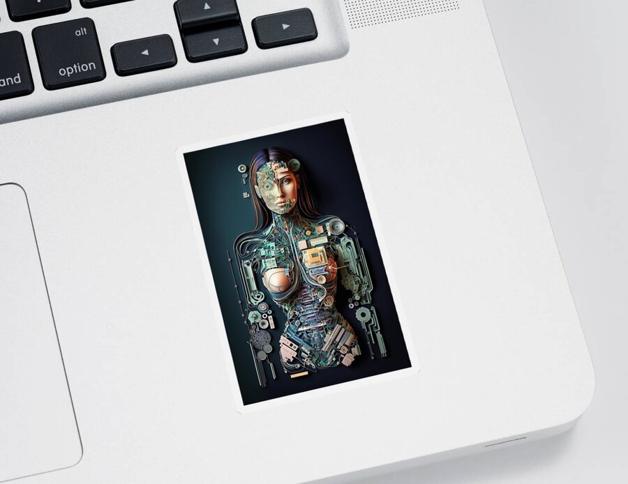 Cyborg Sticker featuring the digital art The Future of AI 02 Robot Woman by Matthias Hauser