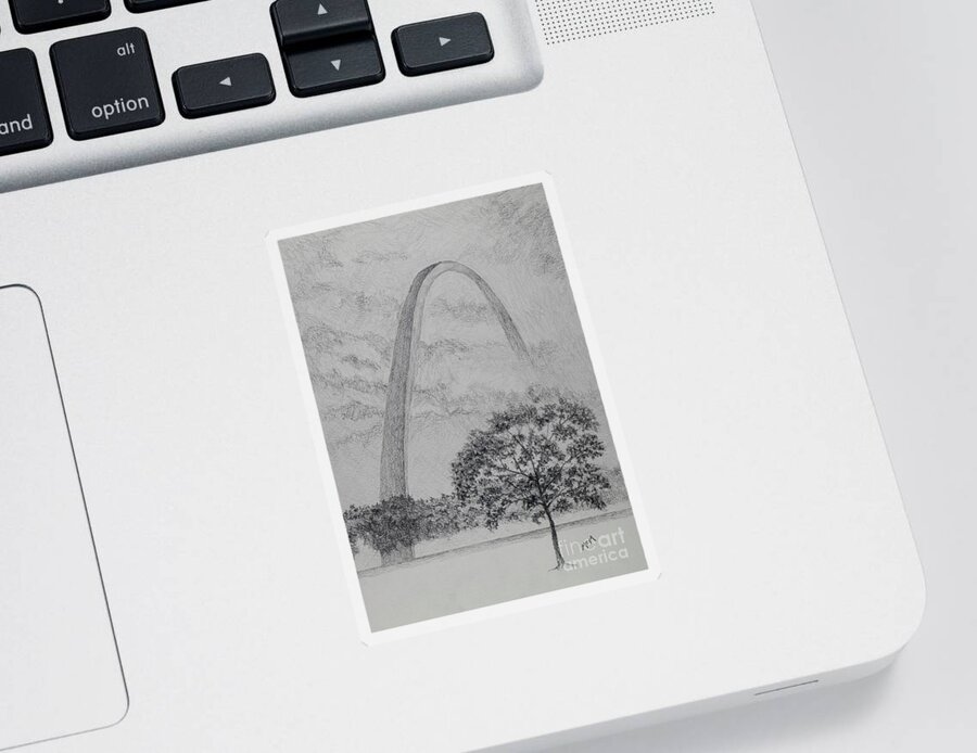 St Louis Arch Sticker featuring the drawing The Gateway Arch in the Fog by Garry McMichael
