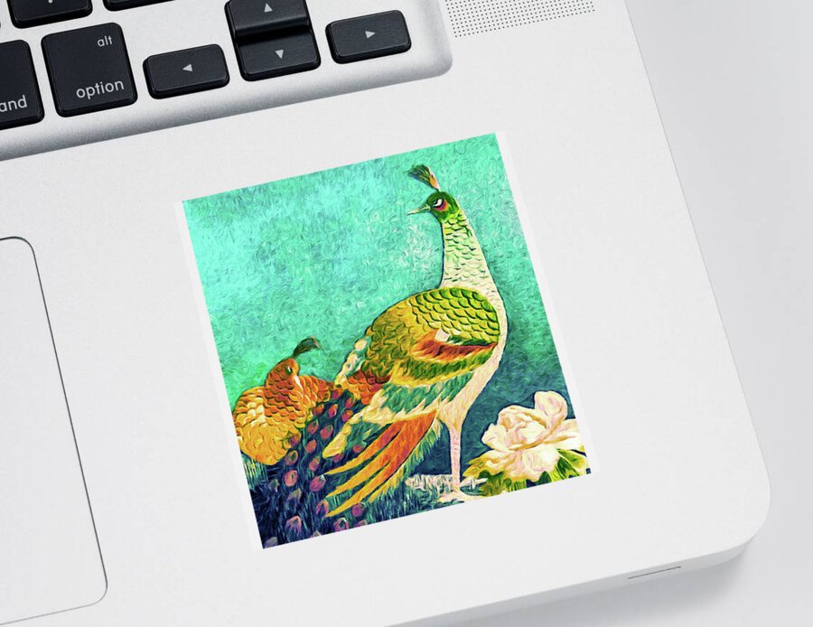 Handsome Peacock Sticker featuring the tapestry - textile The Handsome Peacock - Kimono Series by Susan Maxwell Schmidt